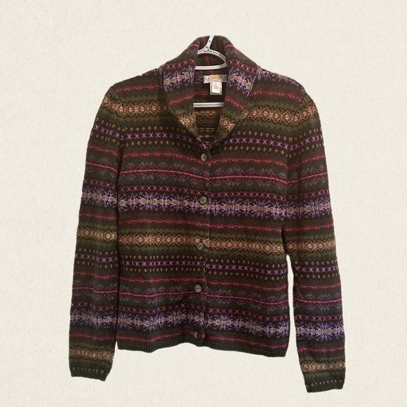 Talbots VINTAGE Wool Blend Fair Isle Shawl Collar Button Down Knit Cardigan - Picture 2 of 8